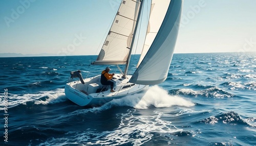 A sailboat races across the open sea in bright sunlight, with a competitive sailor adjusting the sails to harness the wind, as waves churn beneath and the wind whips through the sails.