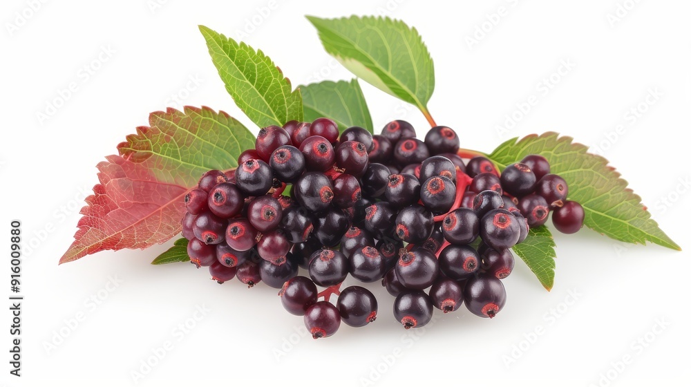 Close-up of fresh elderberries, halved to reveal the juicy interior. Isolated on white, showcasing the intricate details and natural beauty Close-up of fresh elderberries, halved to reveal the juicy interior. Isolated on white, showcasing the intricate details and natural beauty