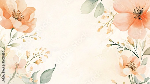 Watercolor floral background with peach flowers and green leaves on a white background.