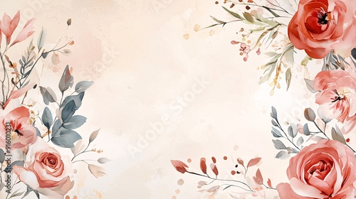 Watercolor floral border with delicate pink and red roses on a cream background, perfect for invitations or greeting cards.