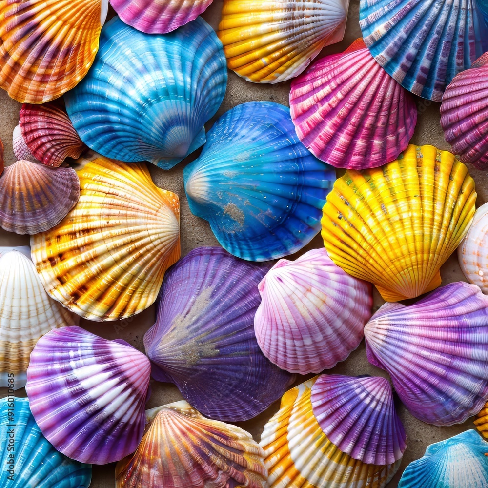 Closeup photo featuring an array of colorful seashells in different sizes and hues. The shells are artfully arranged, creating a visually captivating and richly textured composition. Closeup photo featuring an array of colorful seashells in different sizes and hues. The shells are artfully arranged, creating a visually captivating and richly textured composition.