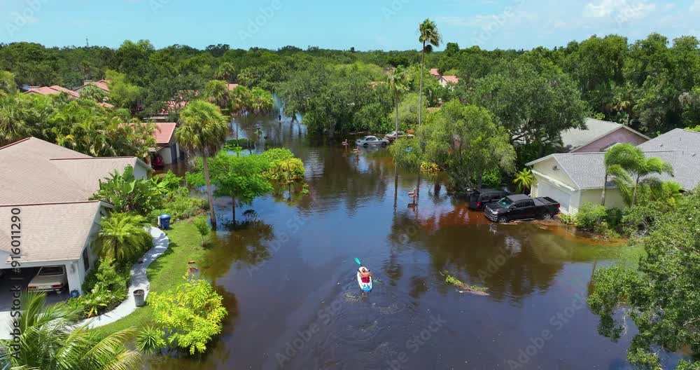 Person kayaking between hurricane Debby flooded homes in residential ...