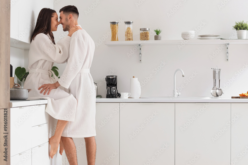 Happy young couple touching noses at home Happy young couple touching noses at home