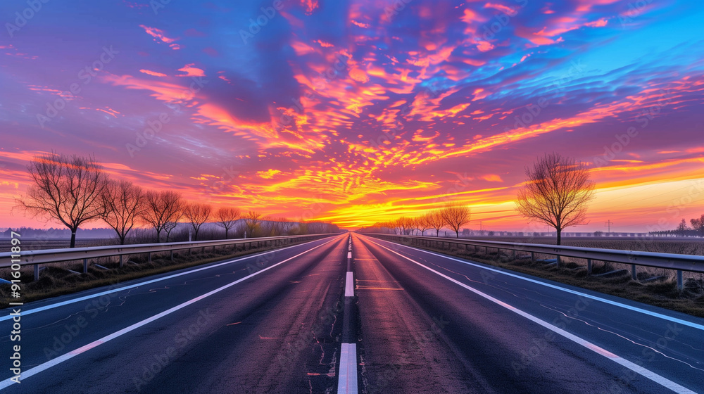 A scenic highway at sunset with vibrant colors in the sky. A scenic highway at sunset with vibrant colors in the sky.