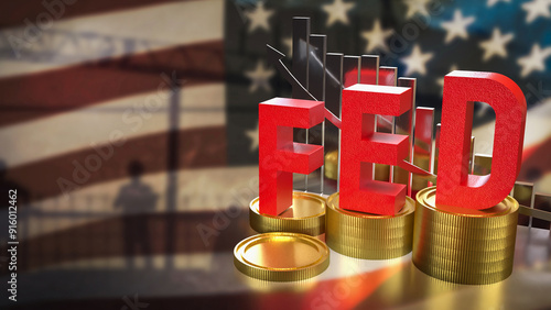 Fotografie The fed and gold coins on America flag for Business concept 3d rendering