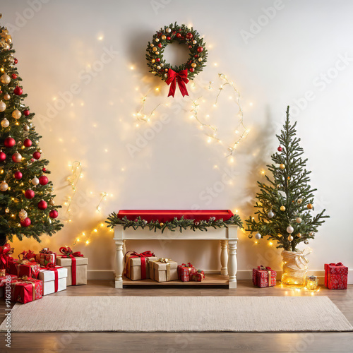 christmas decorated product display podium with christmas ornaments and lights, cozy christmas homem, christmas scenery with lights, cozy christmas podium with presentation space, ad, podium platform photo