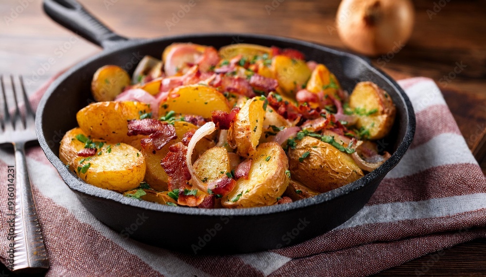Rustic fried potatoes with bacon and onions from the iron pan Rustic fried potatoes with bacon and onions from the iron pan