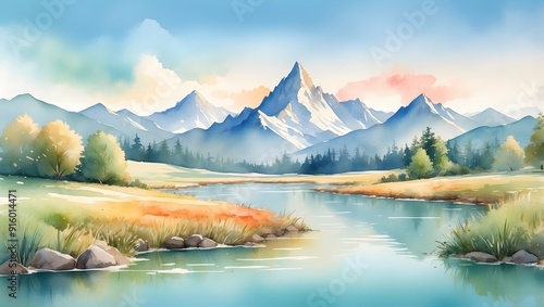 Aquarell Wasserfarben Gemälde Natur Landschaft Berge