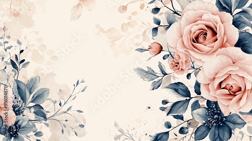 Delicate blush pink roses and dark blue leaves create a romantic floral border on a soft cream background.