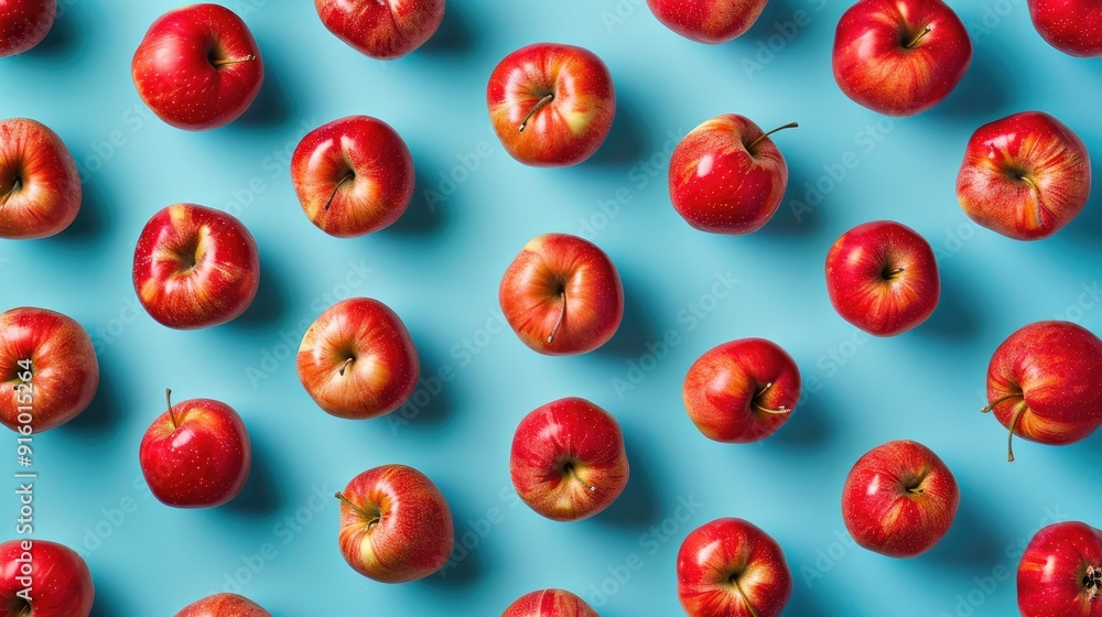 Top view of vibrant red apples pattern on blue background Top view of vibrant red apples pattern on blue background