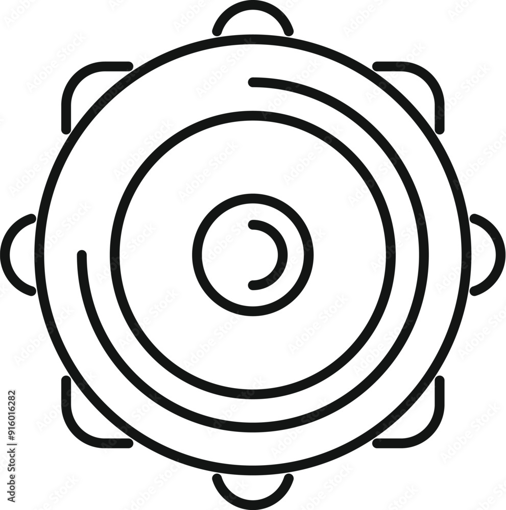 Simple line drawing of a tambourine with bells, perfect for representing music or celebration Simple line drawing of a tambourine with bells, perfect for representing music or celebration