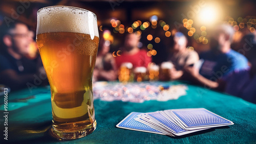 People playing cards and poker with beer in the foreground. photo