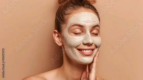 Woman applying a refreshing clay mask, achieving smooth skin, smiling on a beige background