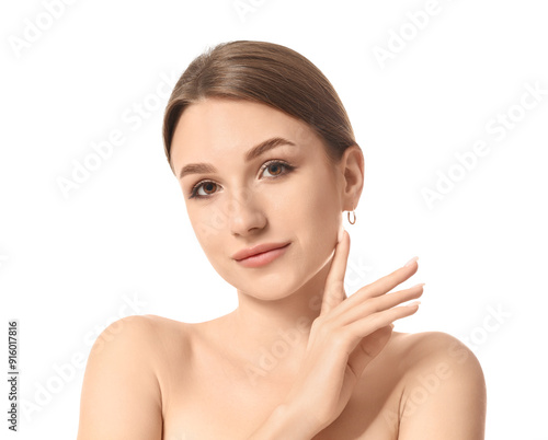 Beautiful young woman on white background