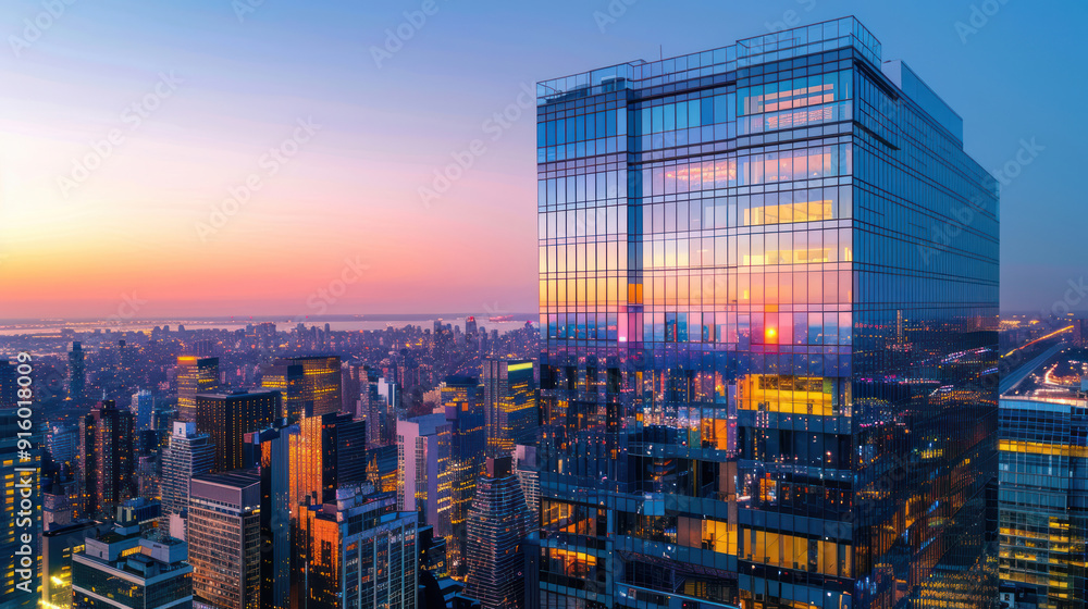 Modern skyscraper reflecting city lights at dusk, with a clear sky in the background Modern skyscraper reflecting city lights at dusk, with a clear sky in the background