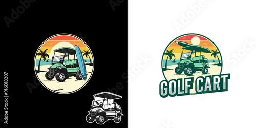 The Bundles Retro logo illustration features a sunset, palm trees, and a surfboard leaning against a golf cart. photo