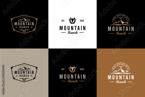A bundles vintage illustration logo featuring a mountain with a flowing river below and a rustic ranch symbol.