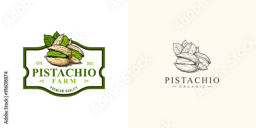 A label vintage logo for an organic pistachio farm, featuring classic typography, earthy tones, and a rustic design. The logo reflects authenticity, nature, and the farm's commitment to quality.