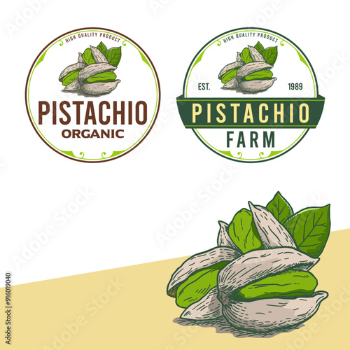 A label vintage logo for an organic pistachio farm, featuring classic typography, earthy tones, and a rustic design. The logo reflects authenticity, nature, and the farm's commitment to quality.
