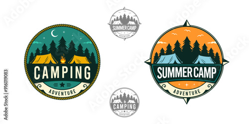 Summer camp anvecture logo featuring a circular emblem with a tent and pine trees.