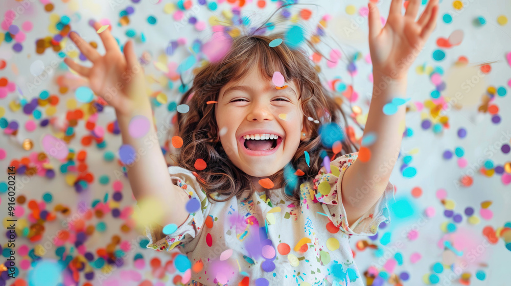 Joyful child girl surrounded by bright confetti, celebrating and laughing on a white background Joyful child girl surrounded by bright confetti, celebrating and laughing on a white background