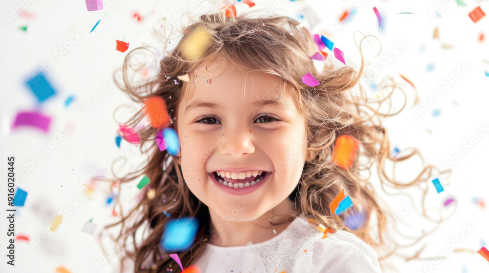 Happy little girl with colorful confetti falling around her, smiling widely on a white background Happy little girl with colorful confetti falling around her, smiling widely on a white background