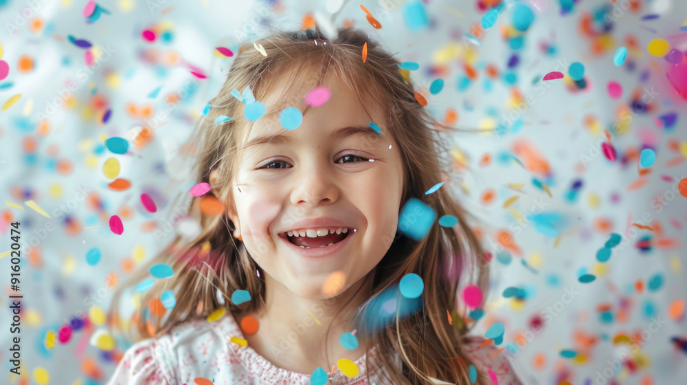 Happy little girl with colorful confetti falling around her, smiling widely on a white background Happy little girl with colorful confetti falling around her, smiling widely on a white background