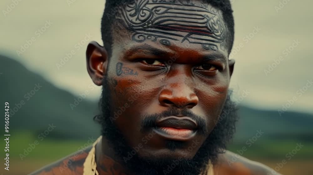 A Maori warriors intense stare conveys a sense of pride and honor in his heritage as his facial tattoos showcase the courage and bravery of his ancestors. A Maori warriors intense stare conveys a sense of pride and honor in his heritage as his facial tattoos showcase the courage and bravery of his ancestors.