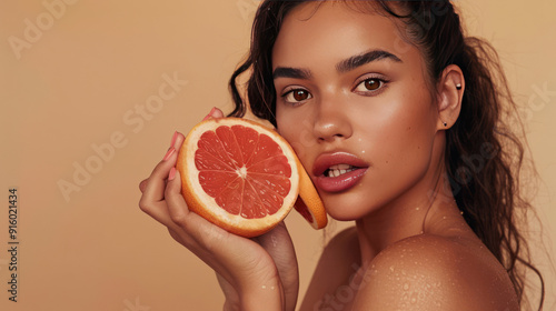 European brunette with radiant skin, holding grapefruit halves, biting one, on a beige background, showcasing vitamins for beauty photo