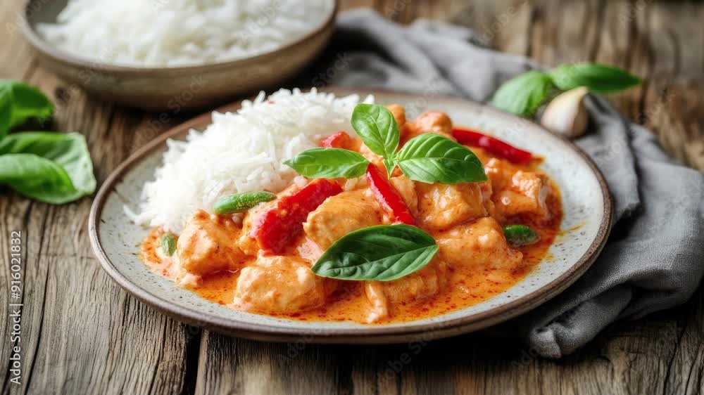 Zooming in on a Plate of Thai Red Curry and White Rice Zooming in on a Plate of Thai Red Curry and White Rice