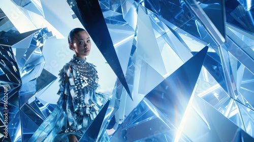 Woman in Blue Sequined Dress Posing Against a Geometric Crystal Background photo