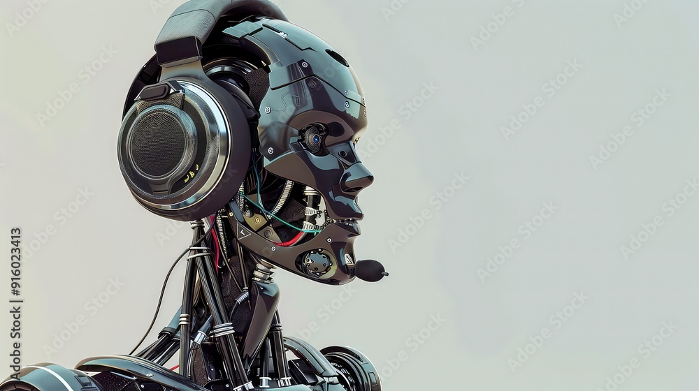 A close-up of a black robotic head, wearing a headset and microphone, against a light grey background. A close-up of a black robotic head, wearing a headset and microphone, against a light grey background.