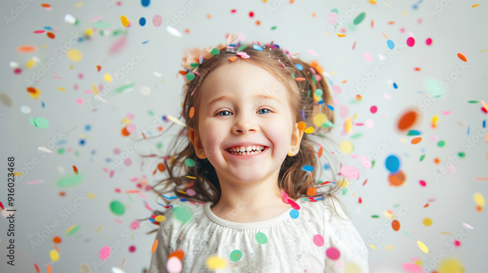 Happy little girl with colorful confetti falling around her, smiling widely on a white background Happy little girl with colorful confetti falling around her, smiling widely on a white background