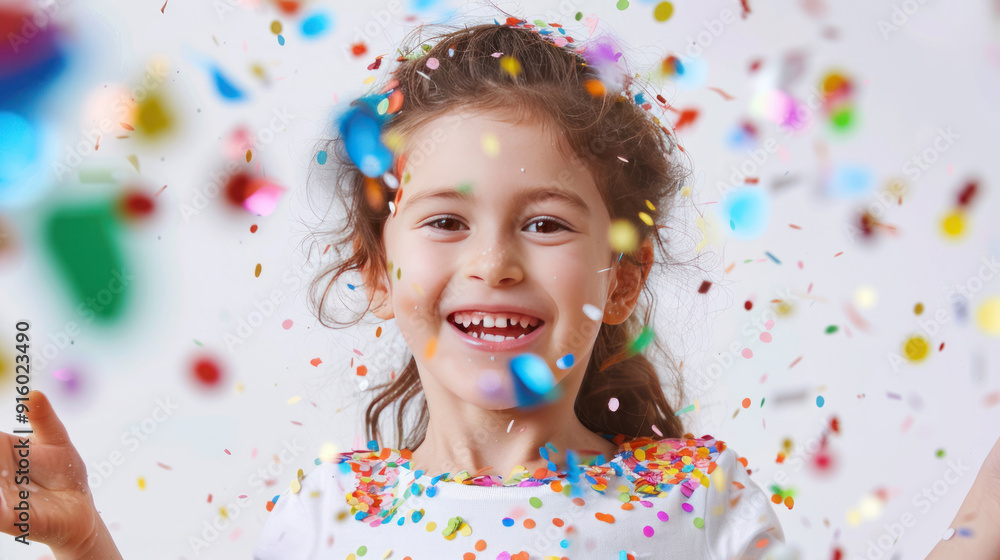 Happy child girl celebrating with colorful confetti, bright smile on her face against a white background Happy child girl celebrating with colorful confetti, bright smile on her face against a white background