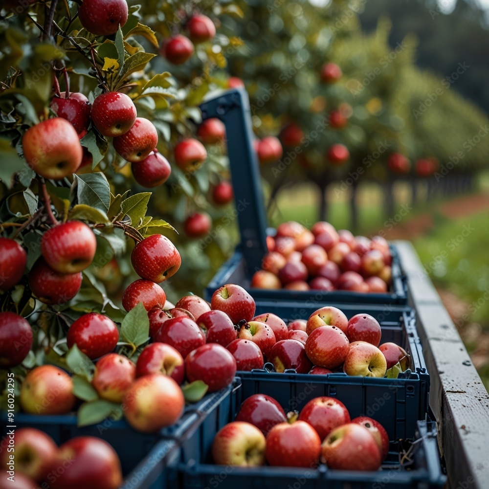 Automated process of harvesting red apples in a super modern farm with the help of agricultural robotic machines Automated process of harvesting red apples in a super modern farm with the help of agricultural robotic machines