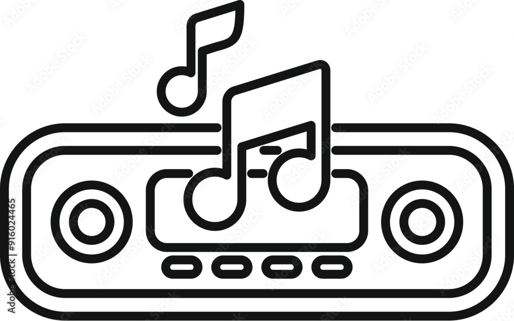 Line drawing of a car radio playing music with musical notes floating above Line drawing of a car radio playing music with musical notes floating above
