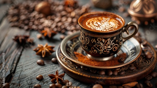 Cup of Turkish coffee with spices on rustic table