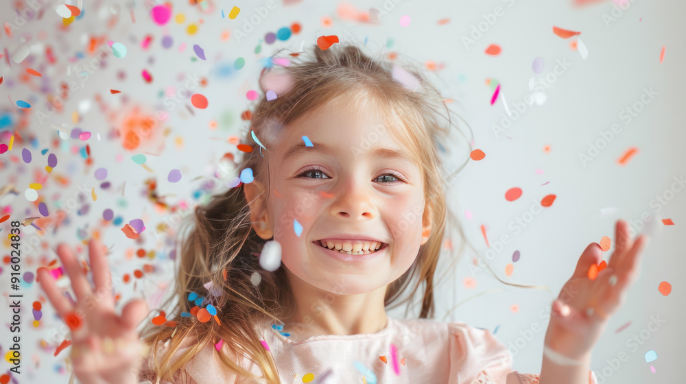 Cheerful little girl delighted by colorful confetti, expressing pure joy on a white background Cheerful little girl delighted by colorful confetti, expressing pure joy on a white background