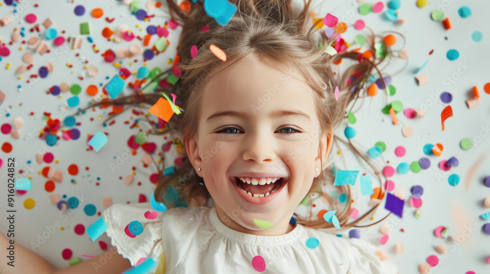 Cheerful little girl delighted by colorful confetti, expressing pure joy on a white background Cheerful little girl delighted by colorful confetti, expressing pure joy on a white background