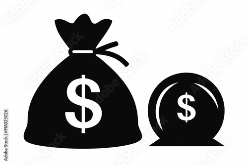
Money bag silhouette, Money bag with dollar icon. vector illustration
