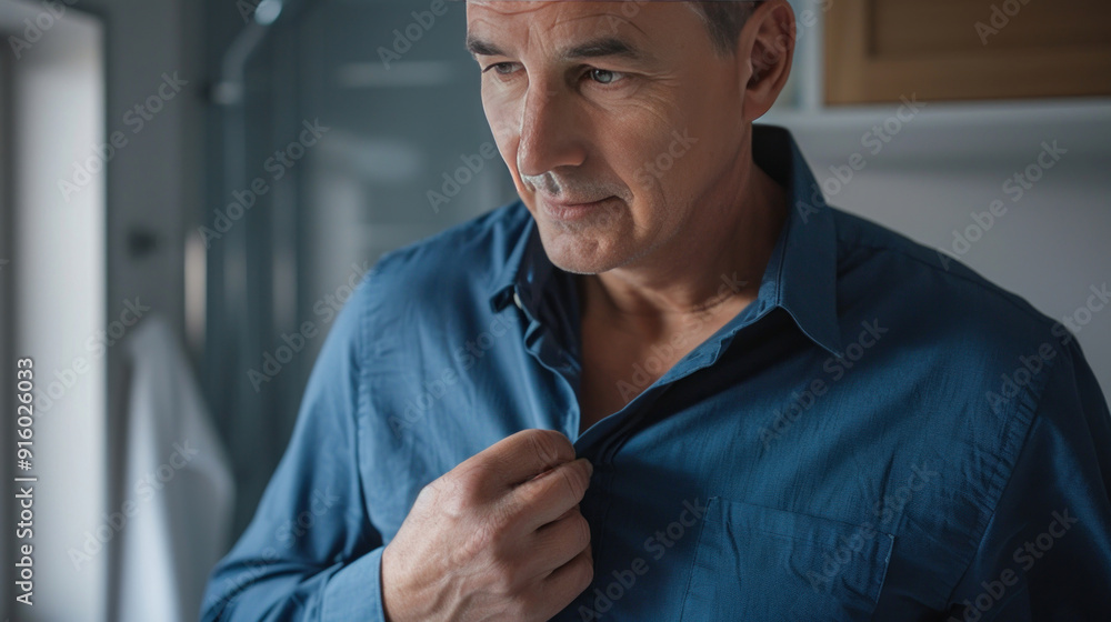 Naklejka premium Close-up of a middle-aged man buttoning a blue shirt in the bathroom, getting ready for a workday, looking excited
