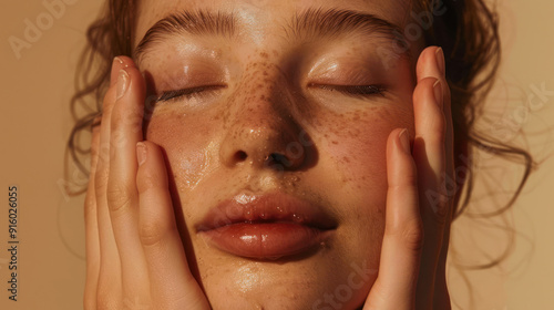 Close-up of a cosmetologist's hands on a young woman's face, with closed eyes, beige background, skincare concept