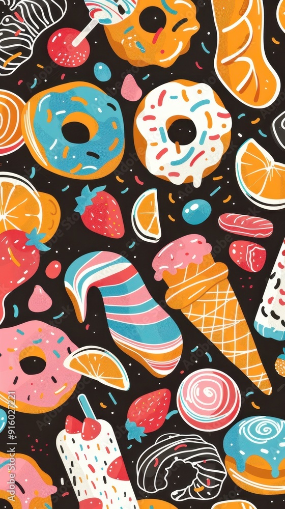 Naklejka premium A vibrant collection of various desserts like donuts, ice cream, and fruits on a dark backdrop