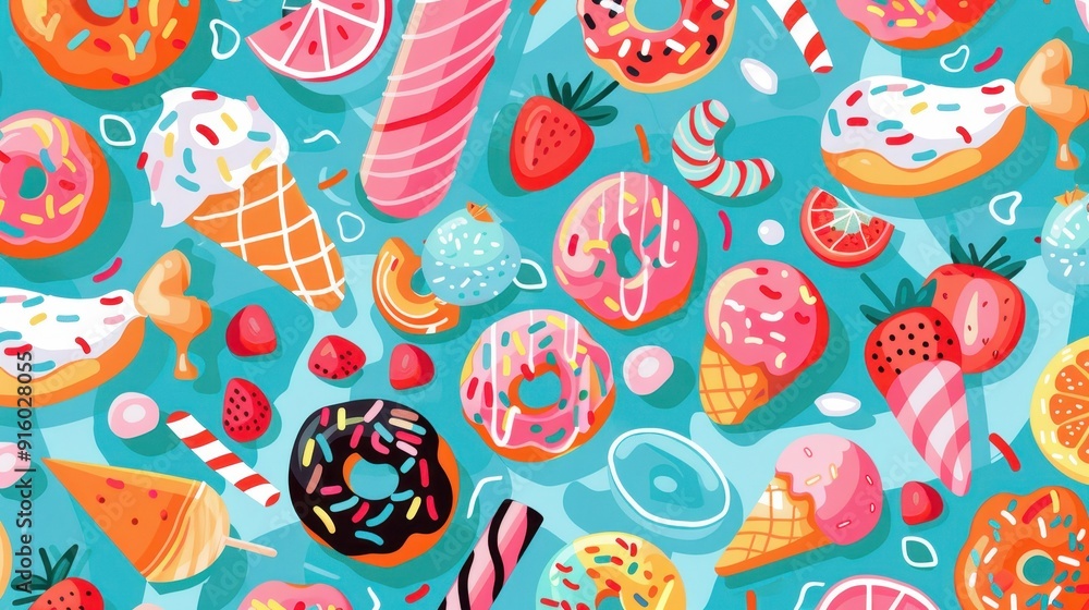 A variety of colorful sweets like ice cream, donuts, and strawberries are displayed on a bright blue backdrop A variety of colorful sweets like ice cream, donuts, and strawberries are displayed on a bright blue backdrop