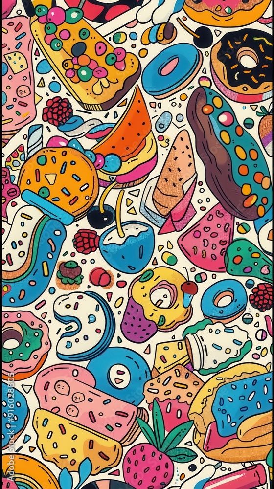 Fototapeta premium A vibrant collection of various pastries and sweets arranged artistically among bright, fun patterns