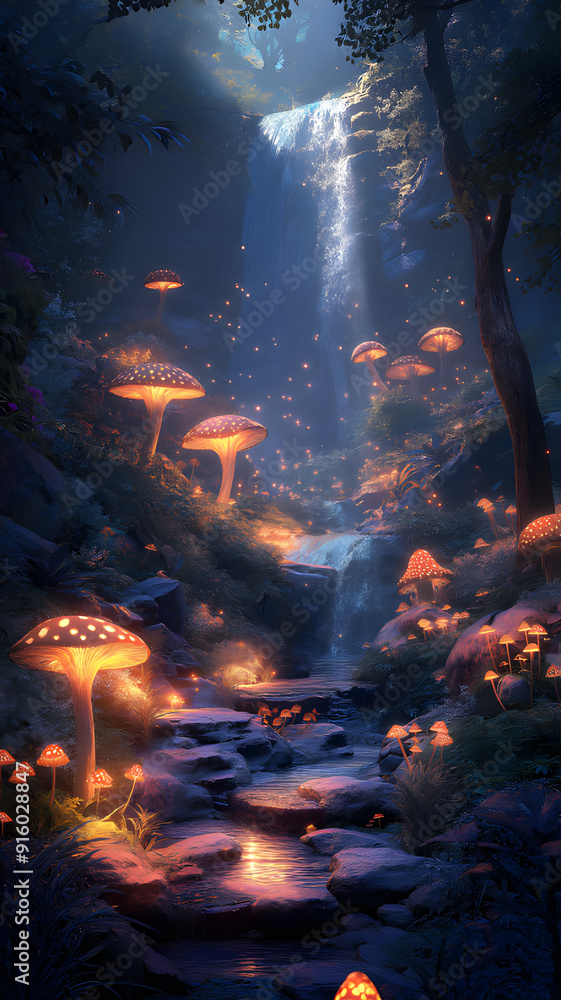 enchanted forest with glowing mushrooms, magical waterfall, fantasy realm enchanted forest with glowing mushrooms, magical waterfall, fantasy realm