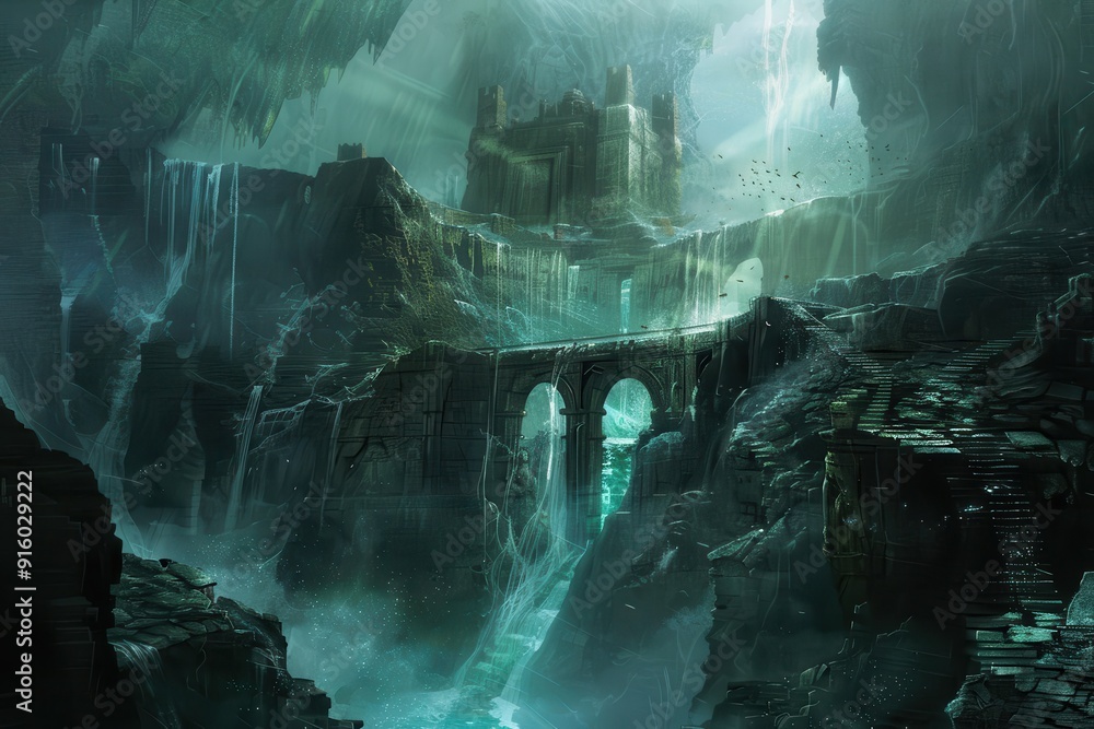 Ancient stone bridge and castle ruins in a mysterious underground ...