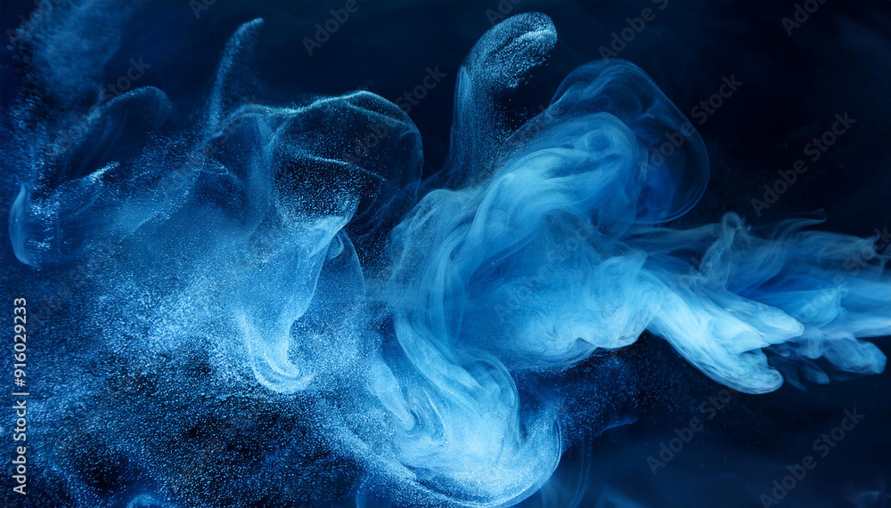 Shiny smoke. Glitter fluid. Ink water. Magic mist. Blue color particles texture paint vapor storm wave on dark black abstract background. Shiny smoke. Glitter fluid. Ink water. Magic mist. Blue color particles texture paint vapor storm wave on dark black abstract background.