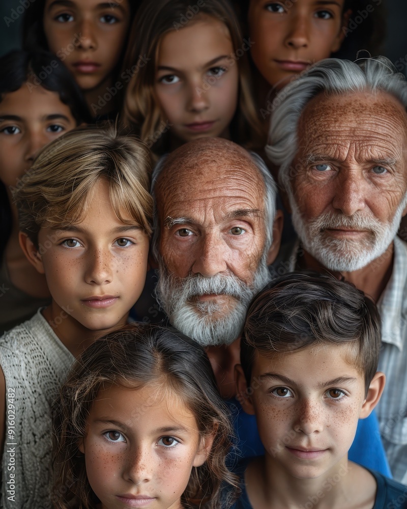 Close-up Portrait of Multigenerational Family with Varying Expressions Close-up Portrait of Multigenerational Family with Varying Expressions