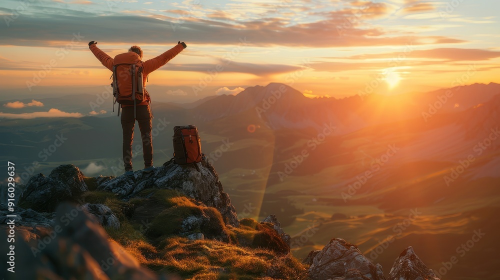 Hiker Triumphant on Mountaintop at Sunset Hiker Triumphant on Mountaintop at Sunset